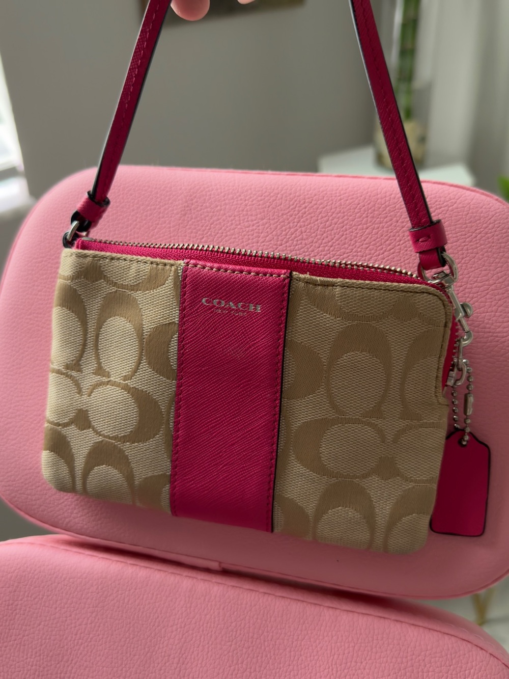 Coach Signature Canvas Wristlet in Tan and Pink